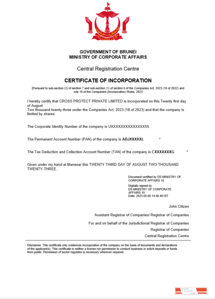 Brunei certificate of registration Word and PDF template